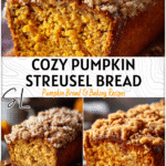 A golden loaf of Pumpkin Streusel Bread with crumbly topping on a wooden table, perfect for Fall Baking. 2